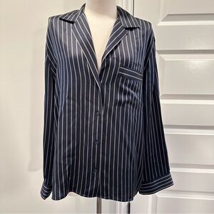 Vince 100% Silk Midnight and Ivory Striped Shirt Size L